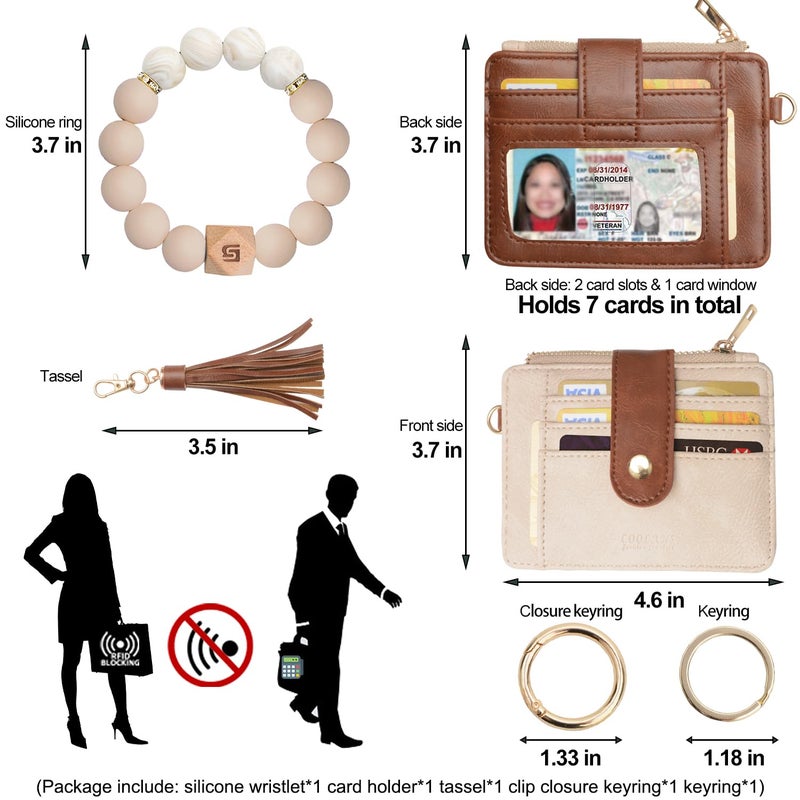 COOLANS Wristlet Bracelet Keychain Pocket Credit Card Holder Purse Tassel Keychain Bangle Key Ring for Women (Silicone Bead Bracelet+Card Purse (Brown&White)) - Image 2